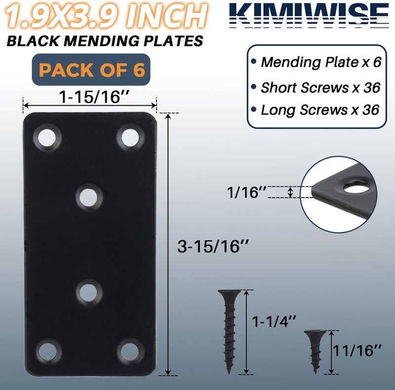 KIMIWISE 6 Pcs Flat Mending Plate, 1.9''x3.9'' Black Stainless Steel Metal Flat Straight Brace Bracket, Fixing Brace Joining Plates for Furniture, Wood, Shelves, Cabinet with 2 Different Lengths of Screws - Image 2